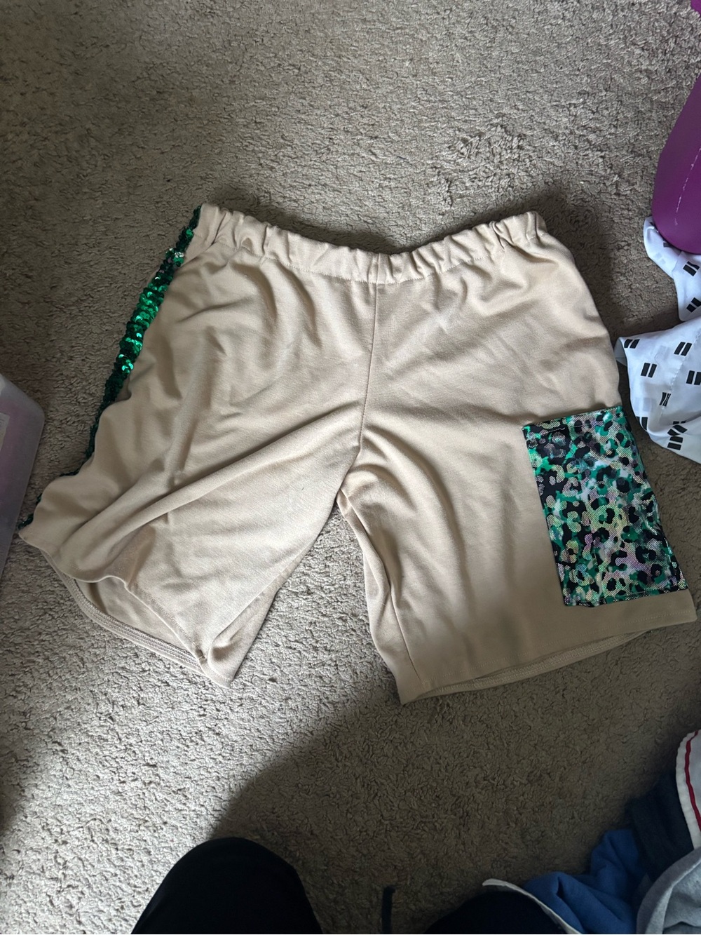 Beige Women's Lounge Shorts with Green Sequin & Patch Pocket